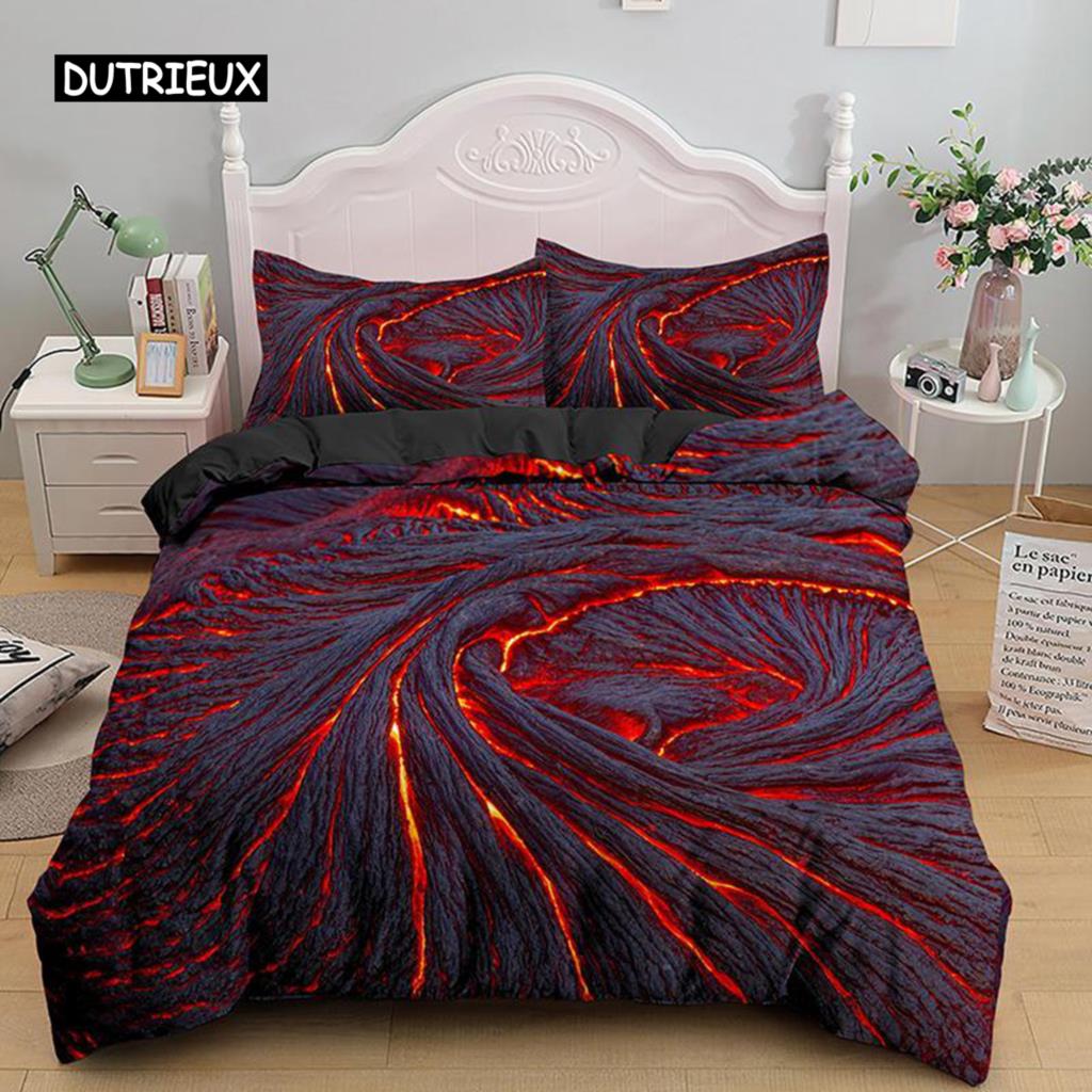 Vulkan-Bettbezug-Set, Kingsize, Katastrophenmuster, rot-gelb, Bettbezug, Mikrofaser, Lava-Bettwäsche-Set für Erwachsene, Jungen, Männer, Teenager