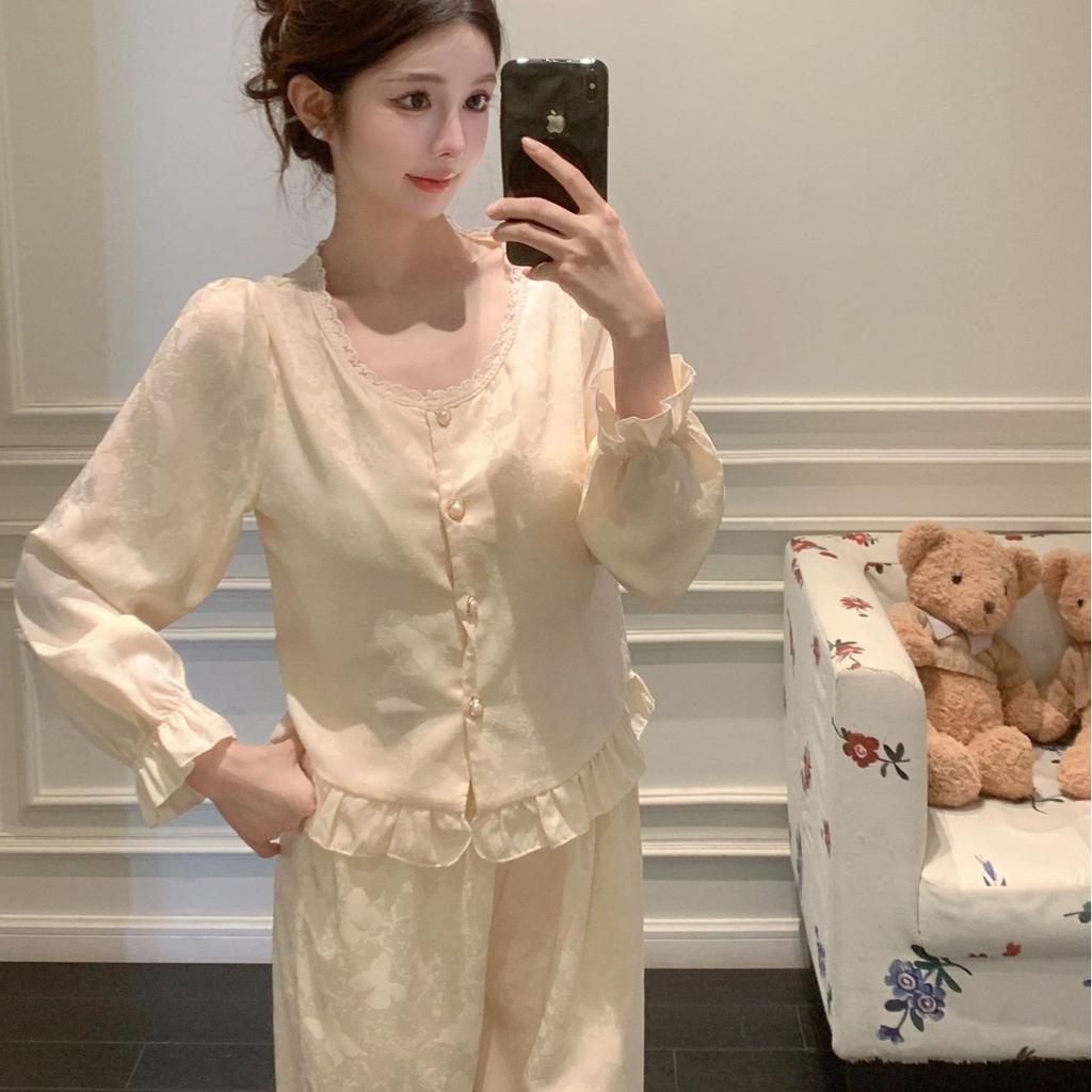 Autumn new jacquard national style pajamas long sleeves trousers retro lace loungewear court sweet high-end pajamas