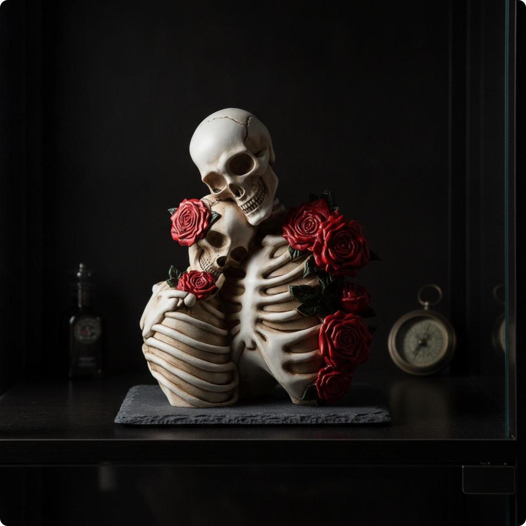 Gotische Skelettstatue mit Rosen | Freistehendes Ausstellungsornament, Skulptur für Paare, für