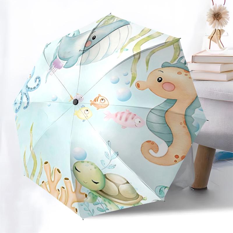 Underwater Friends Automatic Opening/Closing Umbrella - Portable Tri-Fold Design with 8-Bone Iron Frame, Perfect for Outdoor Use, Festive Gi