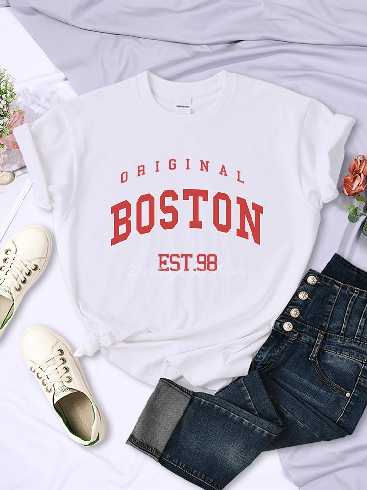 Original Boston Est.98 Street Letter Tshirt Women Summer Breathable T Shirt Hip Hop Casual Cool Short Sleeve Soft Street Clothes