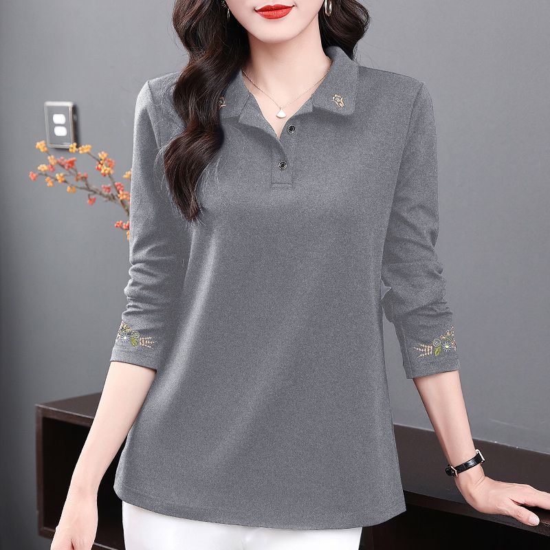 Women's Vintage Embroidery Polo Collar Elegant T-shirts Spring Autumn Korean Fashion Casual Long Sleeve Loose Tops Ropa De Mujer