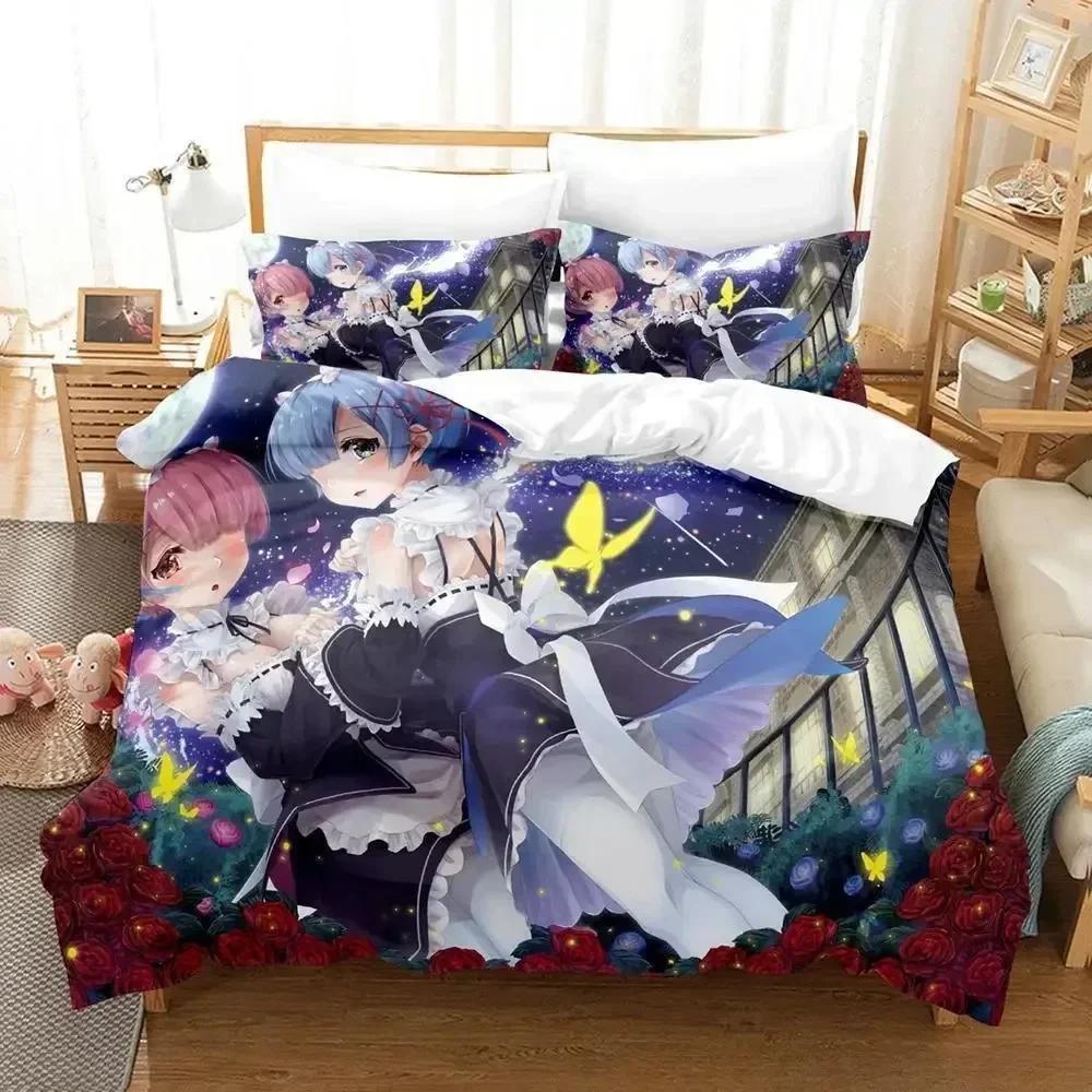 New Re Zero Rem Ram Bedding Set Cartoon Anime Three-piece Set Adult Kid Bedroom Duvet Cover Sets 3D Kawaii Girl Home Textile