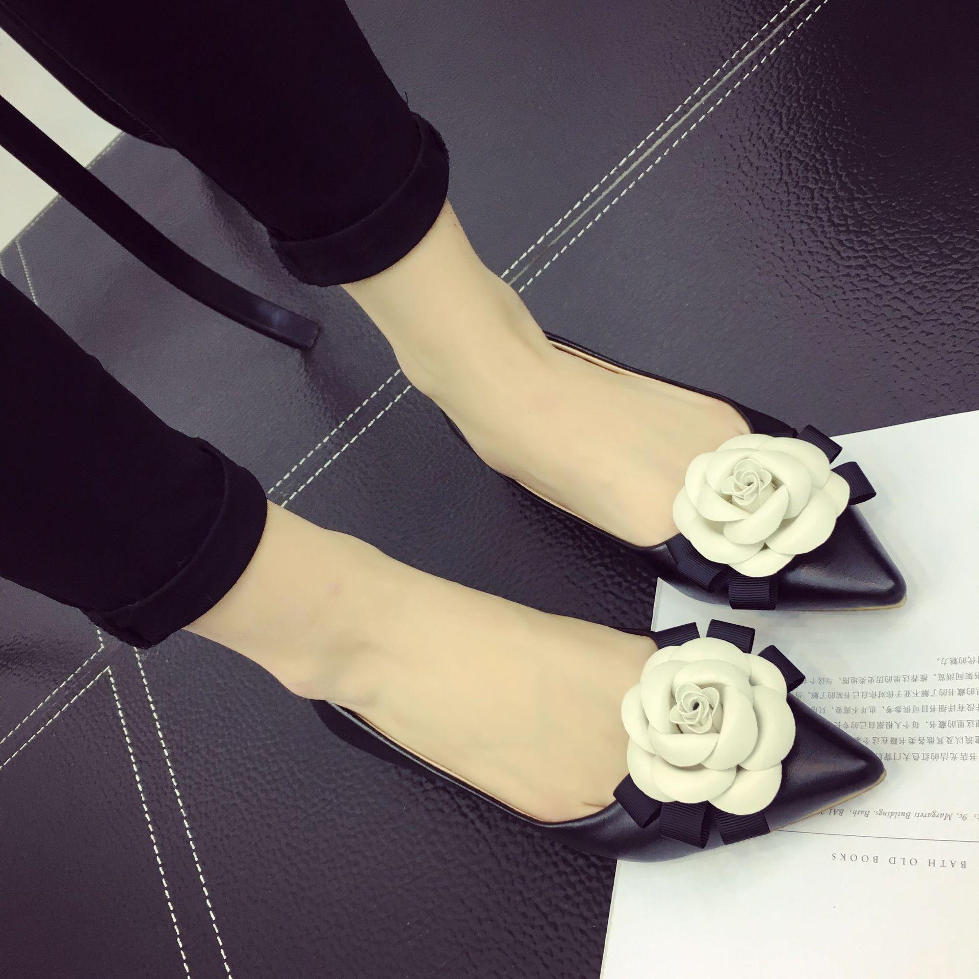 

Новые туфли для женщин Туфли на низком каблуке с милыми цветами Туфли на высоком каблуке OL Повседневные туфли с острым носком 40 чёрный