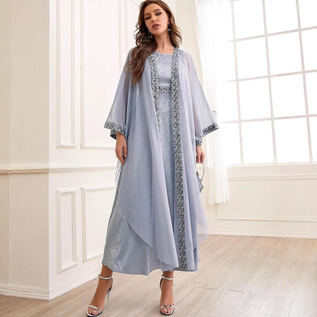 New Jacquard Abaya: Muslim Women's Two-Piece Long Cardigan Set