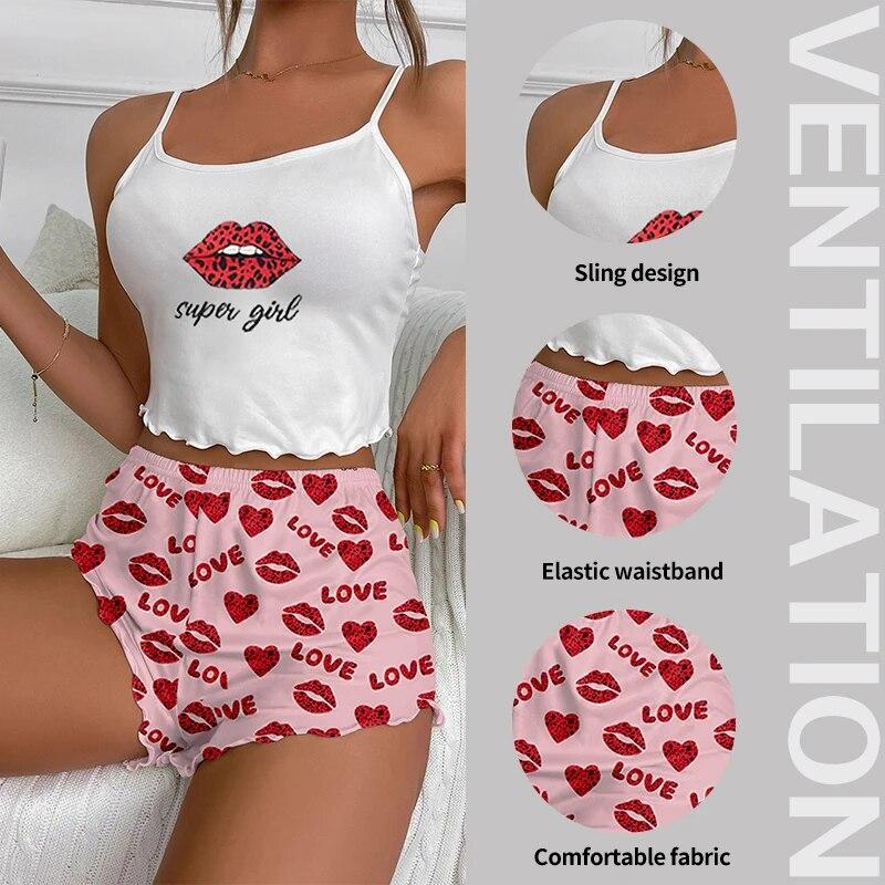 Women's Two-Piece Printed Pajama Set Women's Round Neck Suspender Top and Elastic Waist Printed Shorts Casual Pajama Set