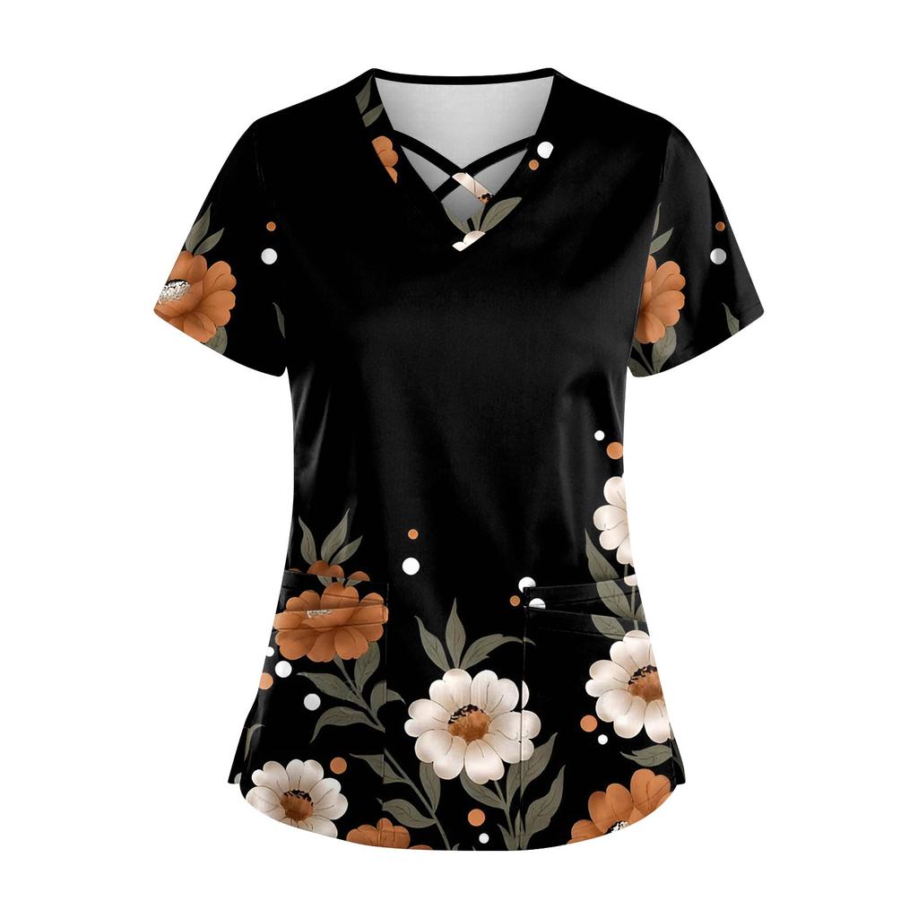 Plus SizePrinted Scrub Working Uniform Tops para mulheres Cross V-neck Halloween Print manga curta camisetas divertidas Workwear Tee com bolsos