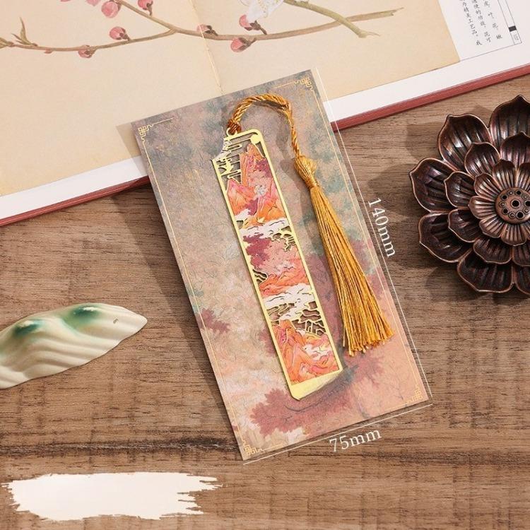 Traditional Chinese Brass Bookmark with Tassel Elegant Laser Cut Metal Page Marker Ancient Style Landscape Reading Accessories