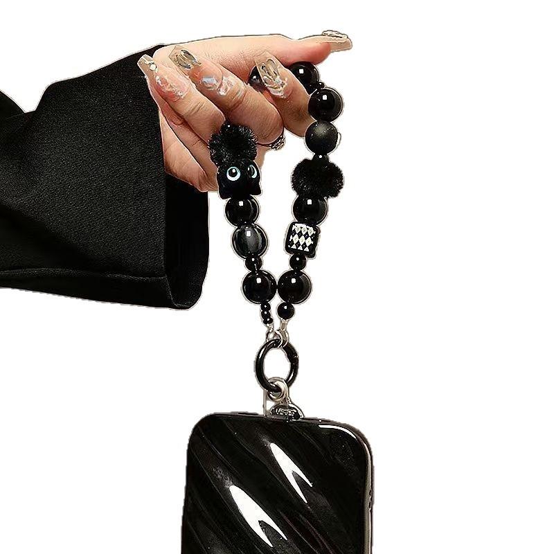 

Personalized Creative Plush Black Cat Short Handheld Chain Five Pointed Star Square Beaded Wrist Strap with Clip Phone Case
