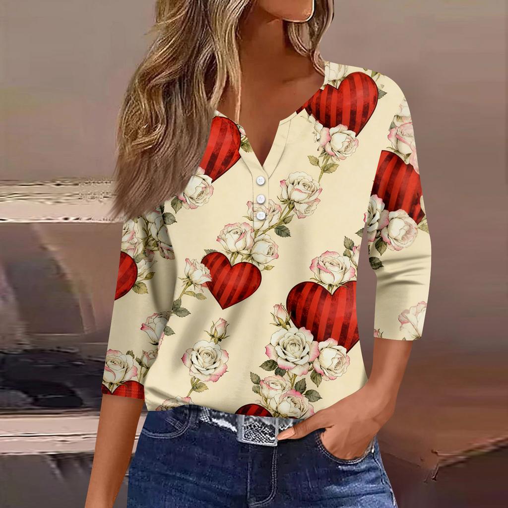 Women's Fashion Button-Up V-Neck Three-Quarter Sleeve Valentine's Day Print Top