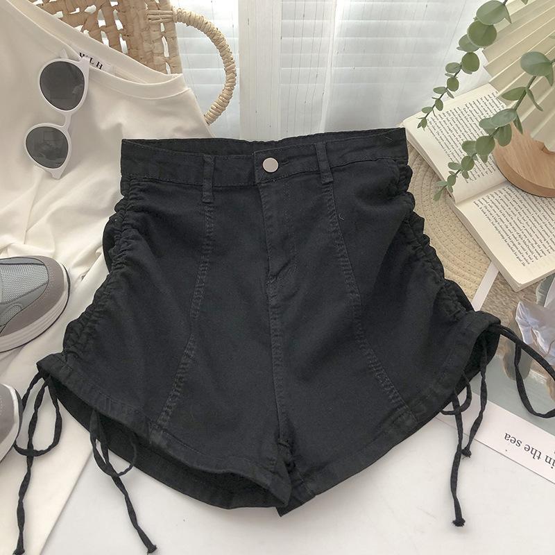 

Skinny Fashionable Versatile Drawstring Denim Shorts Female Summer Thin Section High Waist Design Sense Tied A-line Slim Pants Straight Wide Leg Pants 2XL чёрный