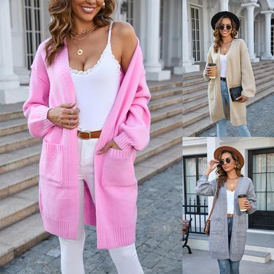 2023 Autumn/winter Women's Casual Knitting Solid Color Pocket Long Fashion Sweater Coat