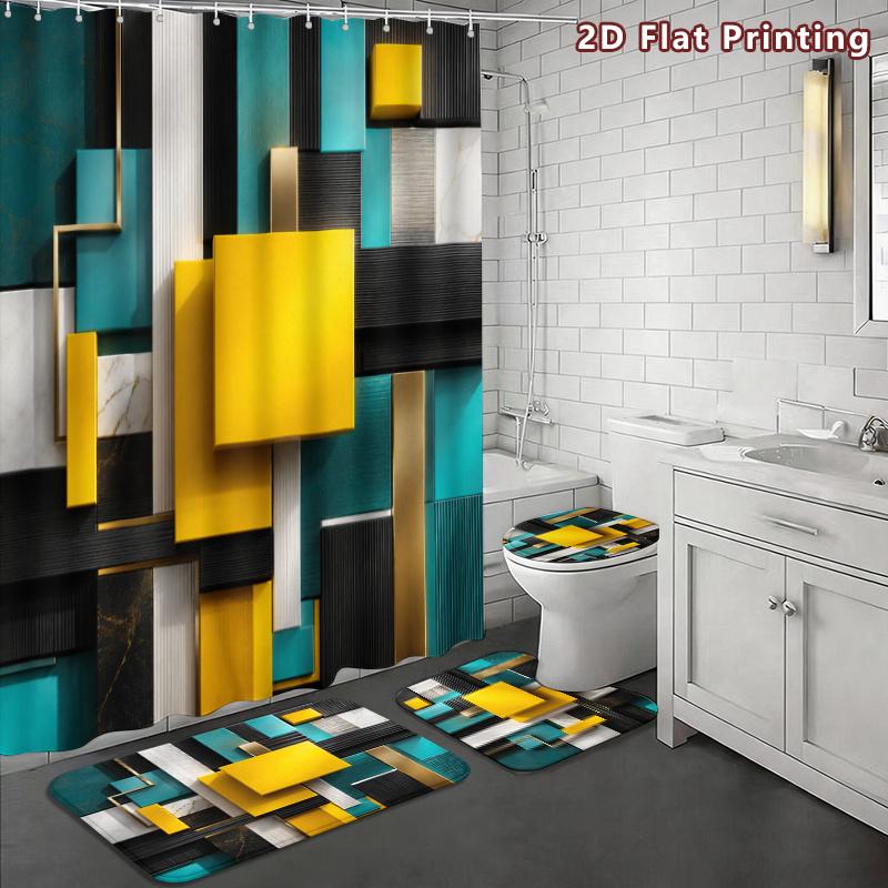 4Pcs Geometric Squares Shower Curtain Set with Non-Slip Bath Mat, Toilet Lid Cover, Contour Rug & 12 Hooks, Bathroom Decor