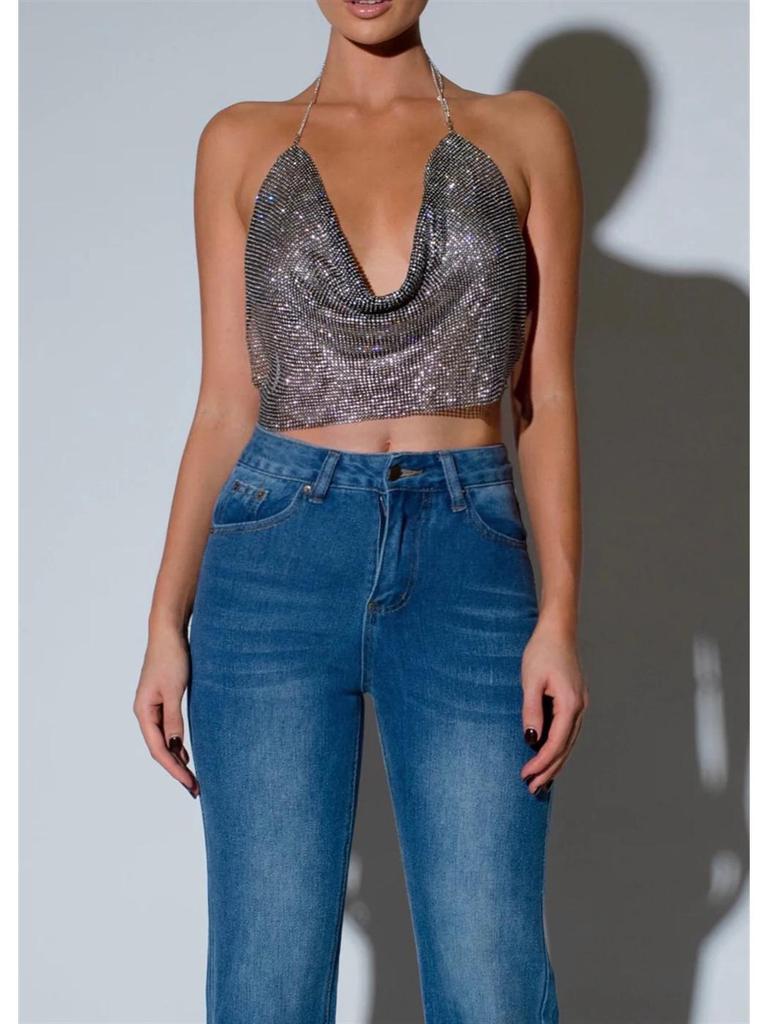 European & American Fashion Rhinestone Chain Strap Deep V Backless Crop Top