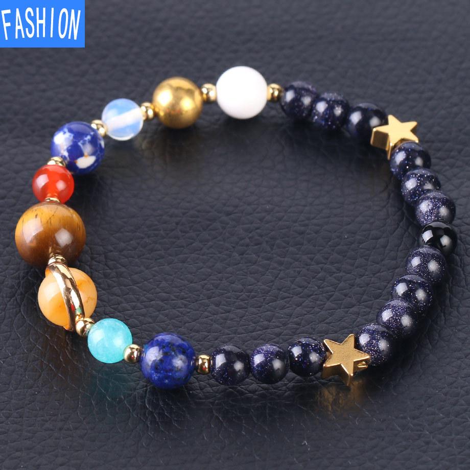 Natural 6mm Blue Sandstone Universe Galaxy Solar System Jewelry Guard Star Stone Beads Elastic Bracelet