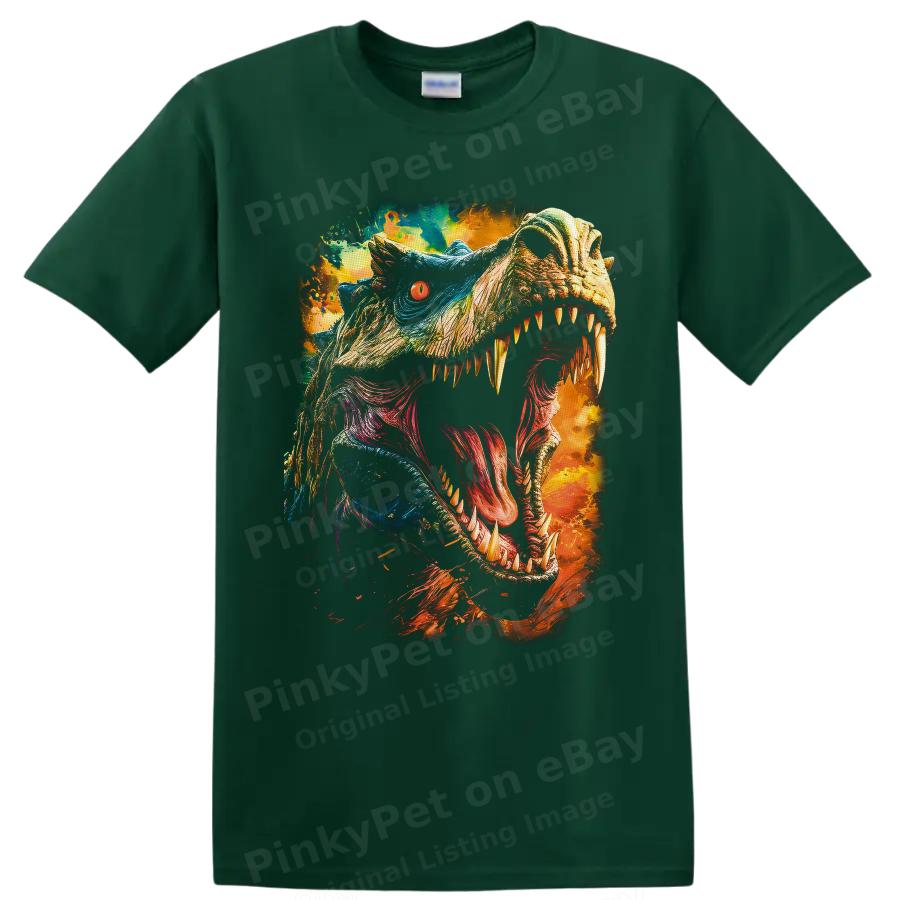 Tyrannosaurus Rex T Shirt Roaring Dinosaur w/ Colorful Neon Fire Art Graphic Tee