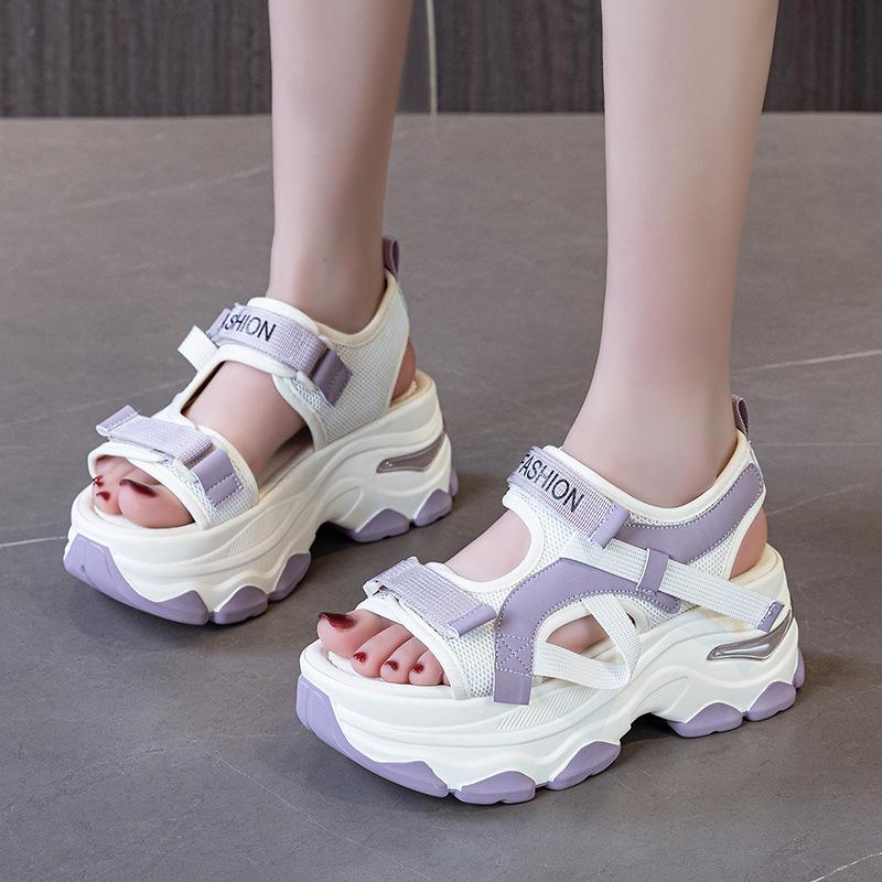 Fashion 7CM Air Mesh Synthetic Leather Sandals Breathable Women Summer Hollow Slipper Fashion Summer Sandals Platform Wedge Flats Shoes