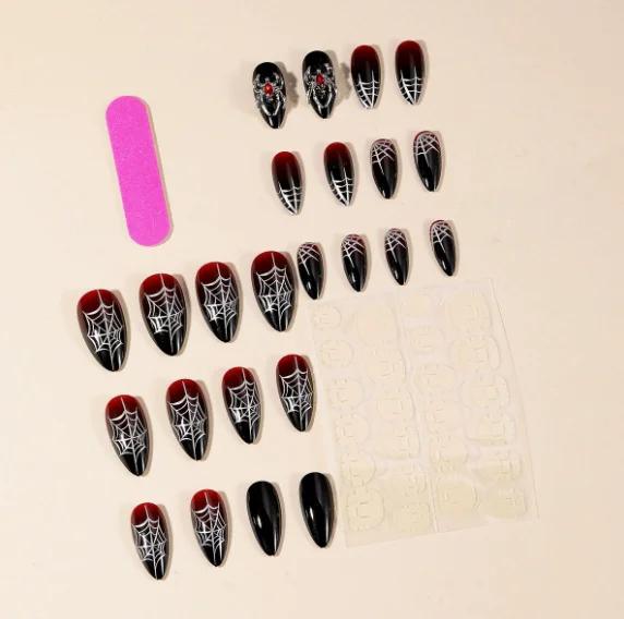 Halloween Gothic Almond Nails, Silver Spider & Web Press On Nails, Punk Heavy Metal Style