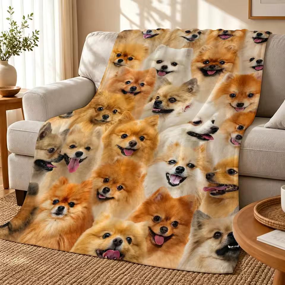 PomeranianPackPattern Throw 240g flannel blanket, suitable for sofas, beds, offices, exquisite gift blankets