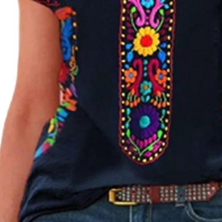 Women Vintage Boho Ethnic Floral Print Tee Shirt O Neck Short Sleeve Loose Fit T Shirt Workwear