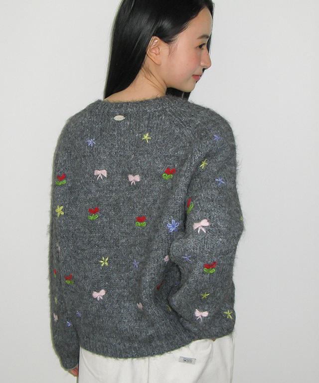 RONRON Petit Embroidery Knit Cardigan Gray