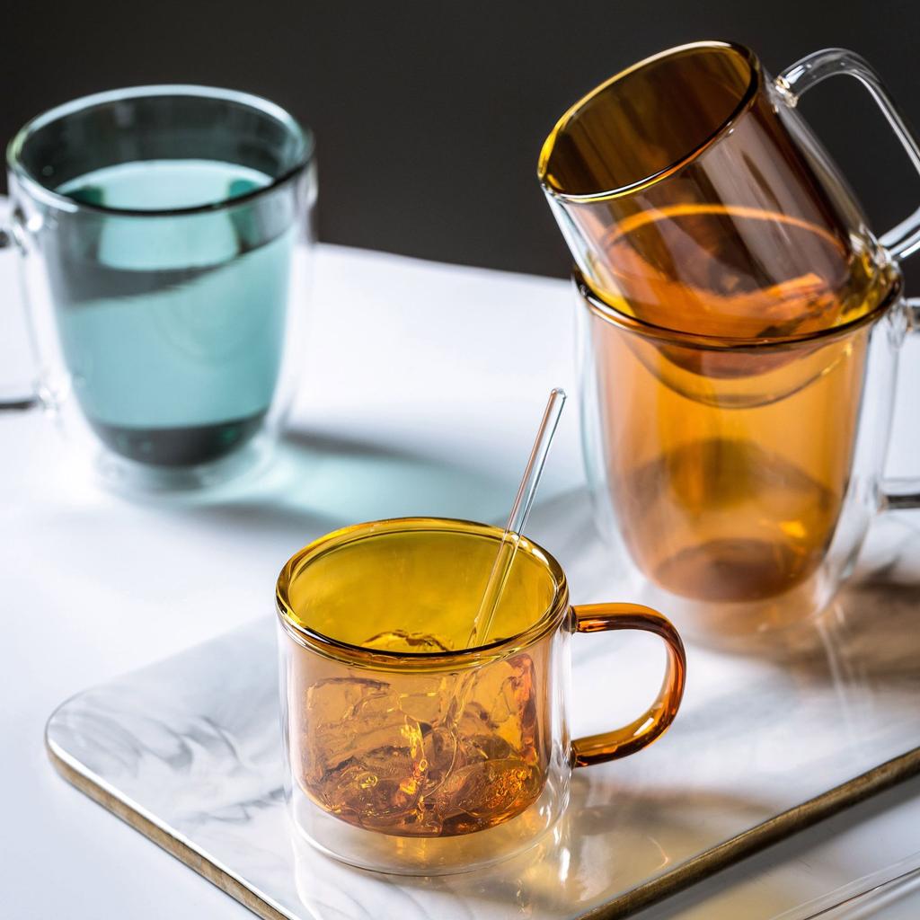 Double-Layer Anti-Scald Color Glass with Handle, Creative Heat-Resistant Cup, Household Coffee Mug, Kawaii Espresso, Ins Style