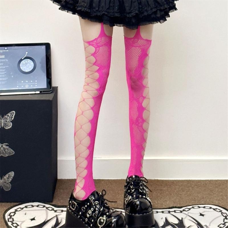 Women Aesthetic Sexy Side Crisscross Hollowed Out Thigh Stockings Tights Goth Rose Flower Patterned Suspender Pantyhose