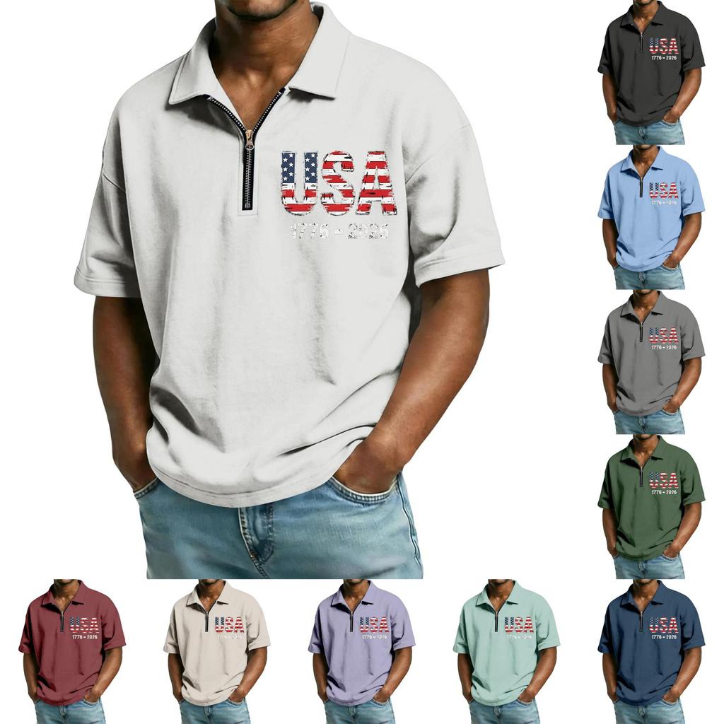 Men’s Short Sleeve Polo Shirt with Zipper Collar USA Letter Print 1776-2026 Casual Lightweight Top for Everyday Wear