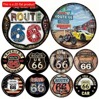 9 Stück 2D-Schilder aus flachem, rundem Holz – 20 cm, Kunstgemälde, Kranz, dekorative Teller, Route 66, Plakette, Poster für Bar, Café, Club, Zuhause, Zimmer, Wanddekoration