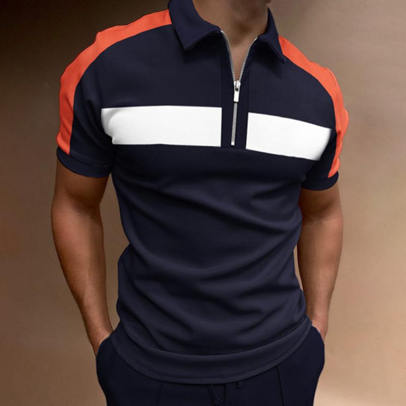 Summer Men's Casual Striped Houndstooth Digital Print T-Shirt Zipper Polo Shirt