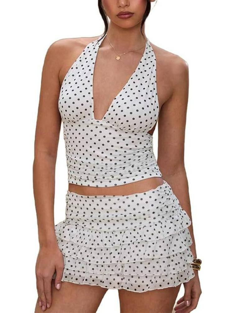 Women's Retro Halter V-Neck Polka Dot Top & Ruffled Skirt Set