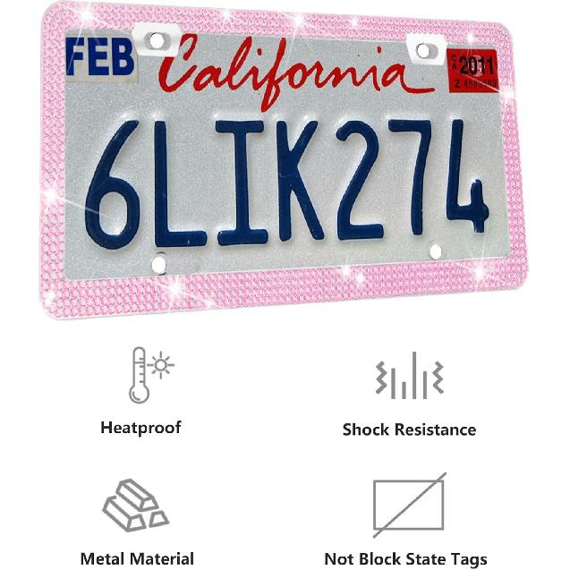 Pink Rhinestone Sparkly License Plate Frame,Pink Diamond Bling License Plate Frame for Women, 1 Pack