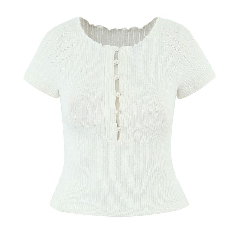 

Summer New Style Sweet and Spicy Retro Pearl Henley Collar One-Shoulder Versatile Slim-Fit Top Milky White S