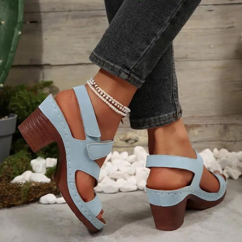 Fashion Classic Round Toe Back Strap Sandals Women 2025 Summer Square High Heels Shoes Women Daily Solid Blue Comfortable Shoes