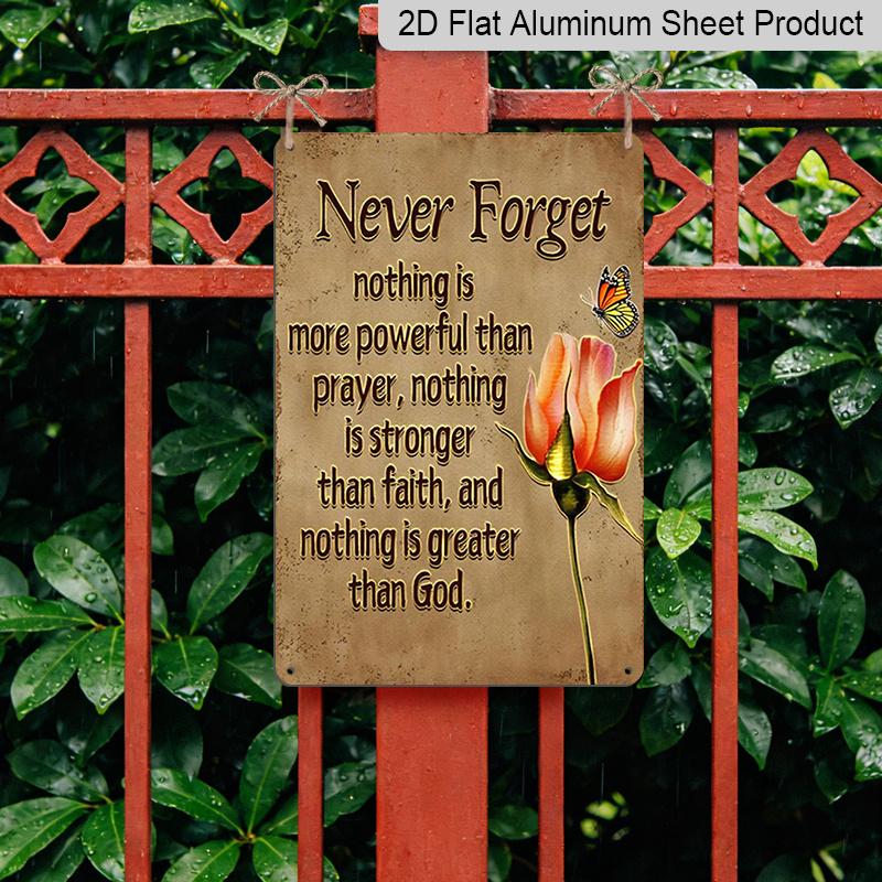 2D Flat, 1pc "Never Forget Prayer Faith God" Aluminium Metal Wall Decor Sign - 8"x12" Religious Inspirational Decor, Rose & Butterfly Wall Art