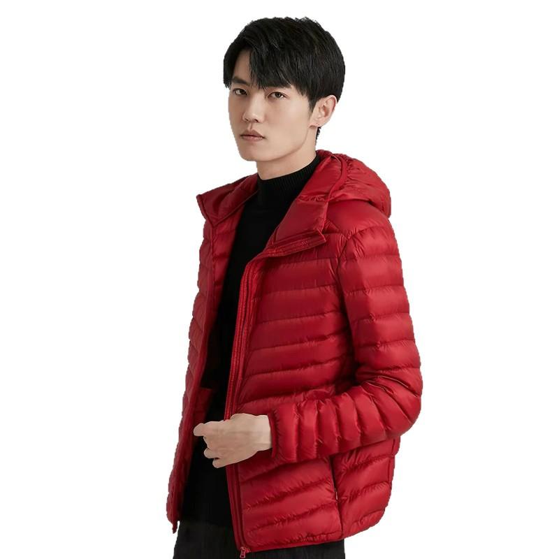 Mens Short Lightweight Packable Down Jacket 90% White Duck Hooded Slim Fit Winter Coat
