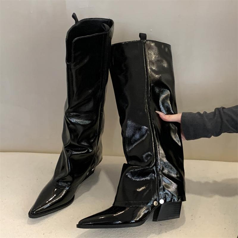 Eilyken Winter Fashion Pointed Toe Women Knee High Boots Designer Splicing Square Heels Shoes Elegant Button Long Bottes