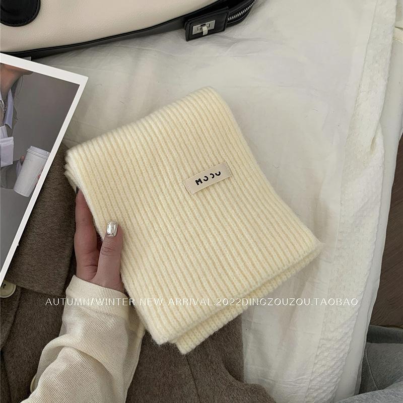 Solid color wool scarf women's autumn and winter warm versatile white student knitted scarf tide