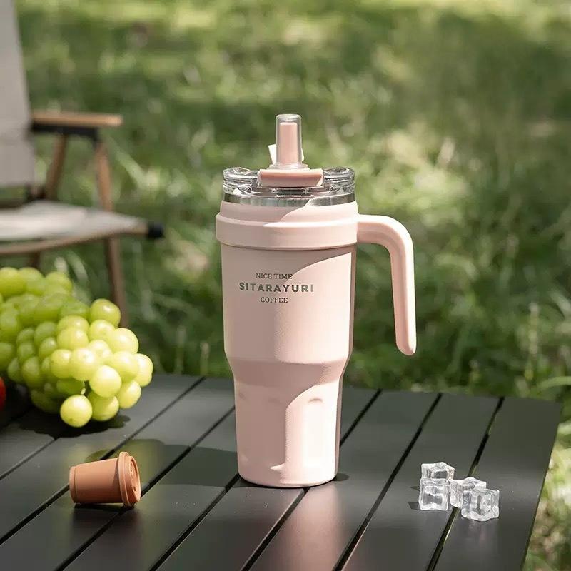 JUSTINLAU 1.1L Thermos Cup Stainless Steel Vacuum Flasks with Dust-proof Straw Cap Double-drink Car Cups Leak-proof Travel Mugs