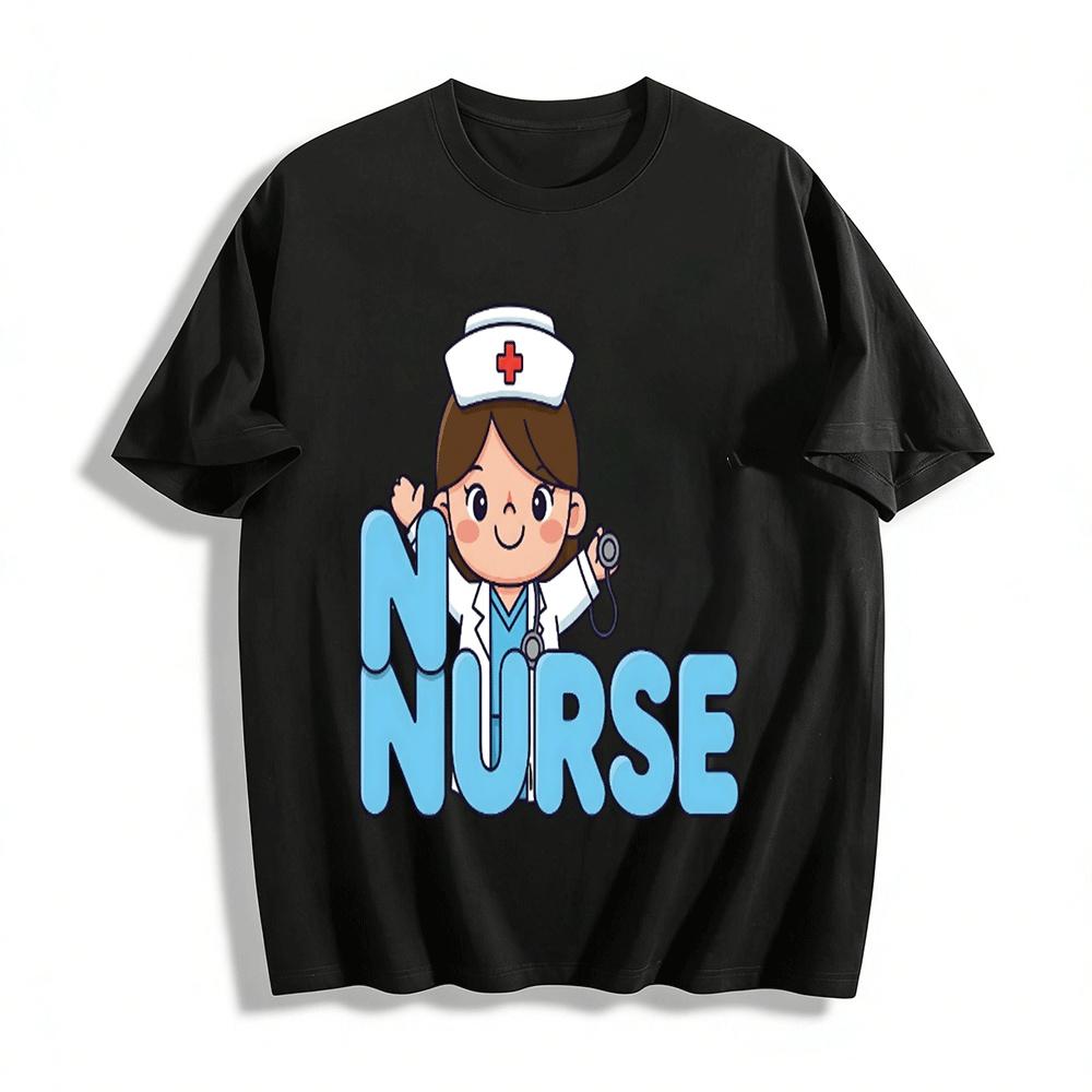 Cute Nurse Themed Printed T Shirt Casual Top For Medical Staff Pure cotton T-shirt XXS