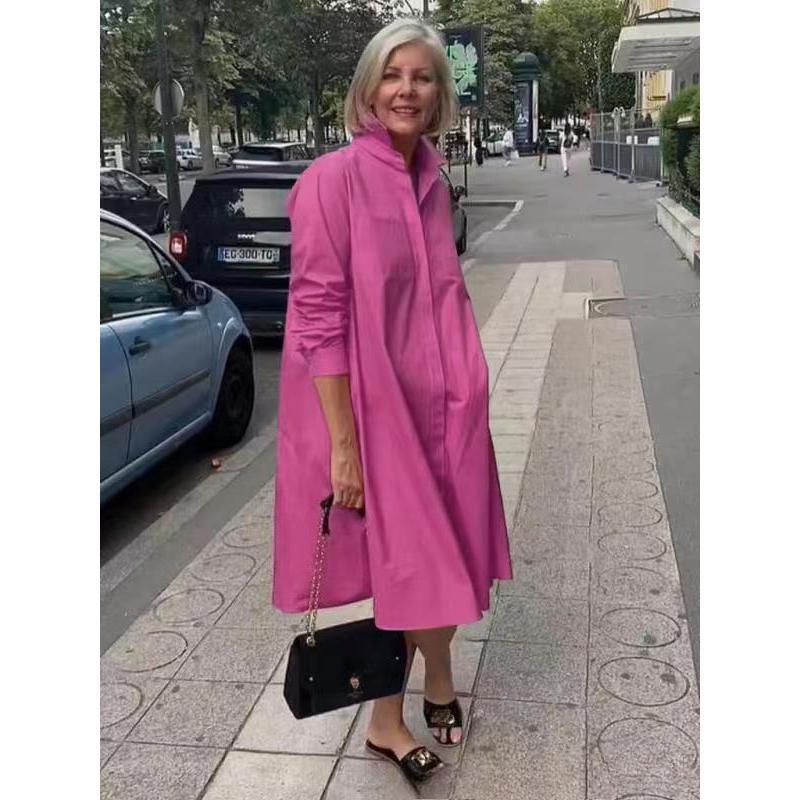 Vestido camisero suelto simple con solapa de manga larga de color sólido para mujer