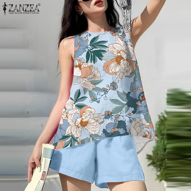 ZANZEA Women Print Tank Tops and Shorts Summer Two Piece Suit Sets