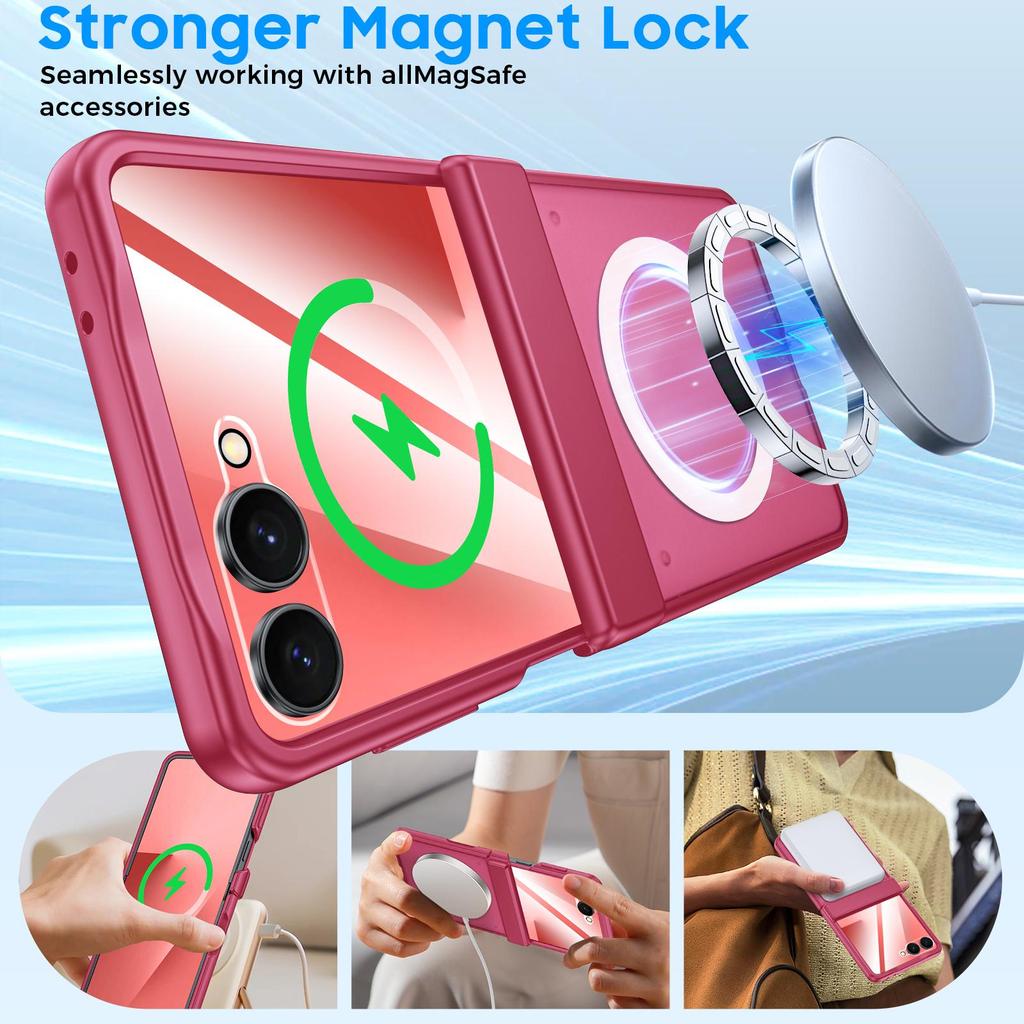Magnetic Matte Protective Case with Tempered Glass Screen Protector and Hinge Protection for Samsung Galaxy Z Flip 7-Red
