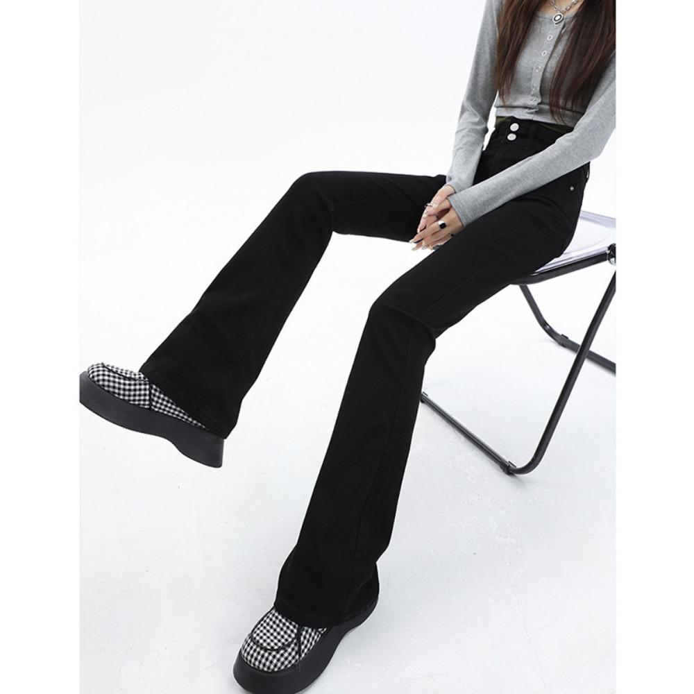 Korean version of double-buckle micro-flared jeans, new high-waisted and thin pear-shaped jeans in spring and autumn