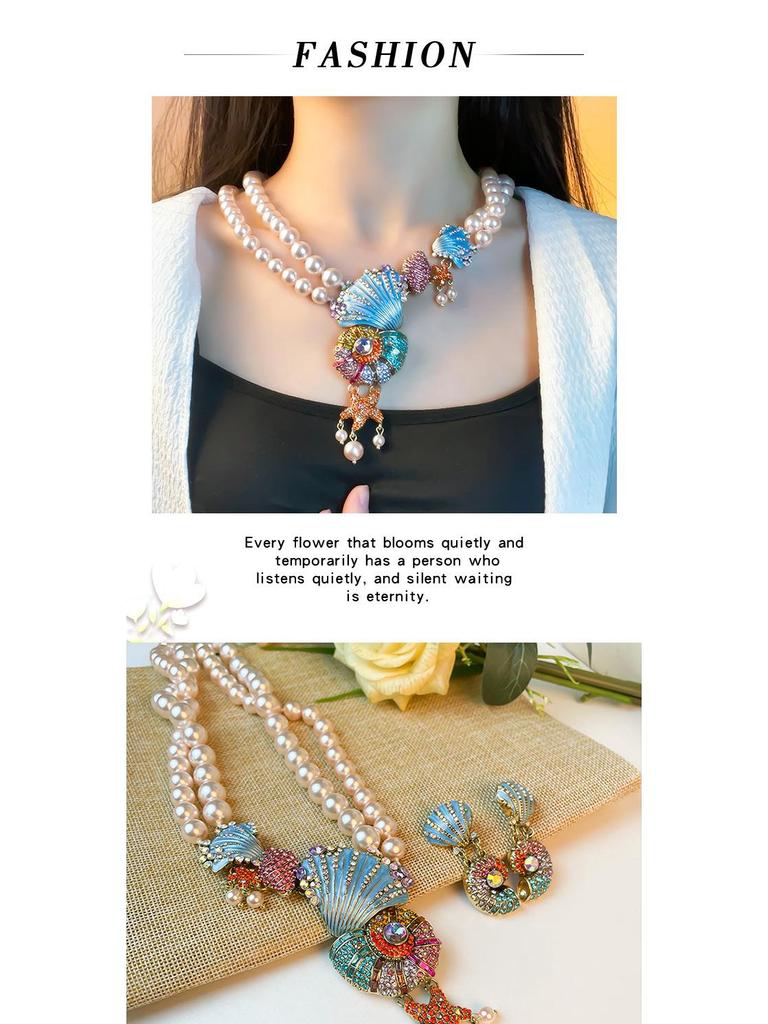 Vibrant Rhinestone Pearl Necklace & Marine Life Tassel Earrings Set