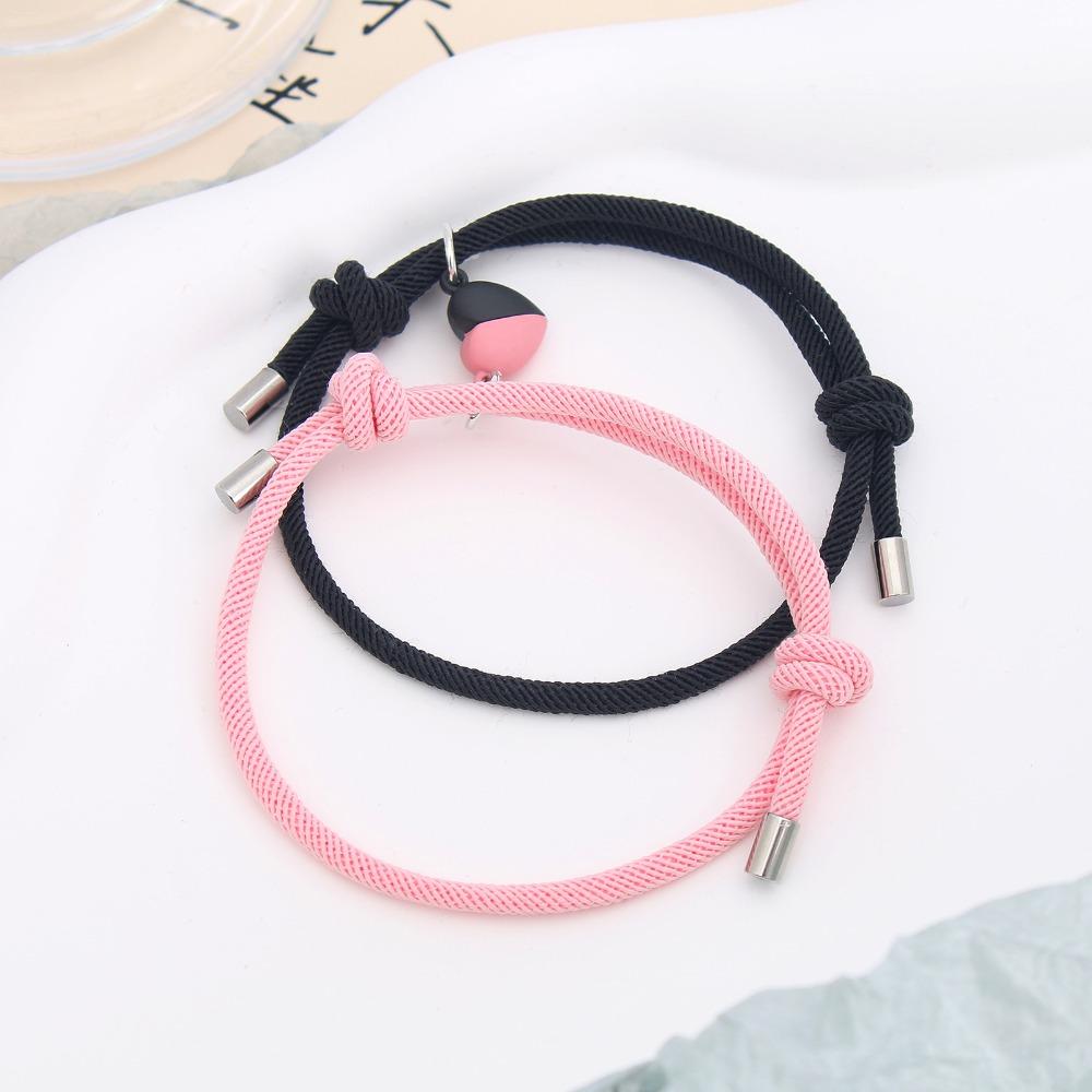 2Pcs Black White Hand Rope Bracelet, Magnetic Heart Charm, Couple Best Friend Bangle, Elegant Party Jewelry Gift