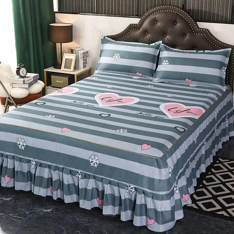 3 Pcs Classic Bed Skirt Princess Style Cotton Sheet Set Plain Bedspread for Bed Queen King Size Bed Cover with Pillowcases