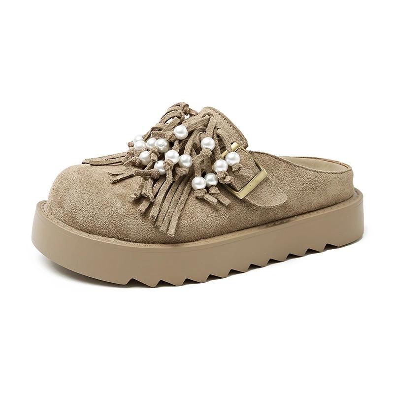 Women's Fashion Baotou Slippers Spring New Suede Round Head Deep Mouth Thick Anti-slip Wear-resistant Flat Shoes