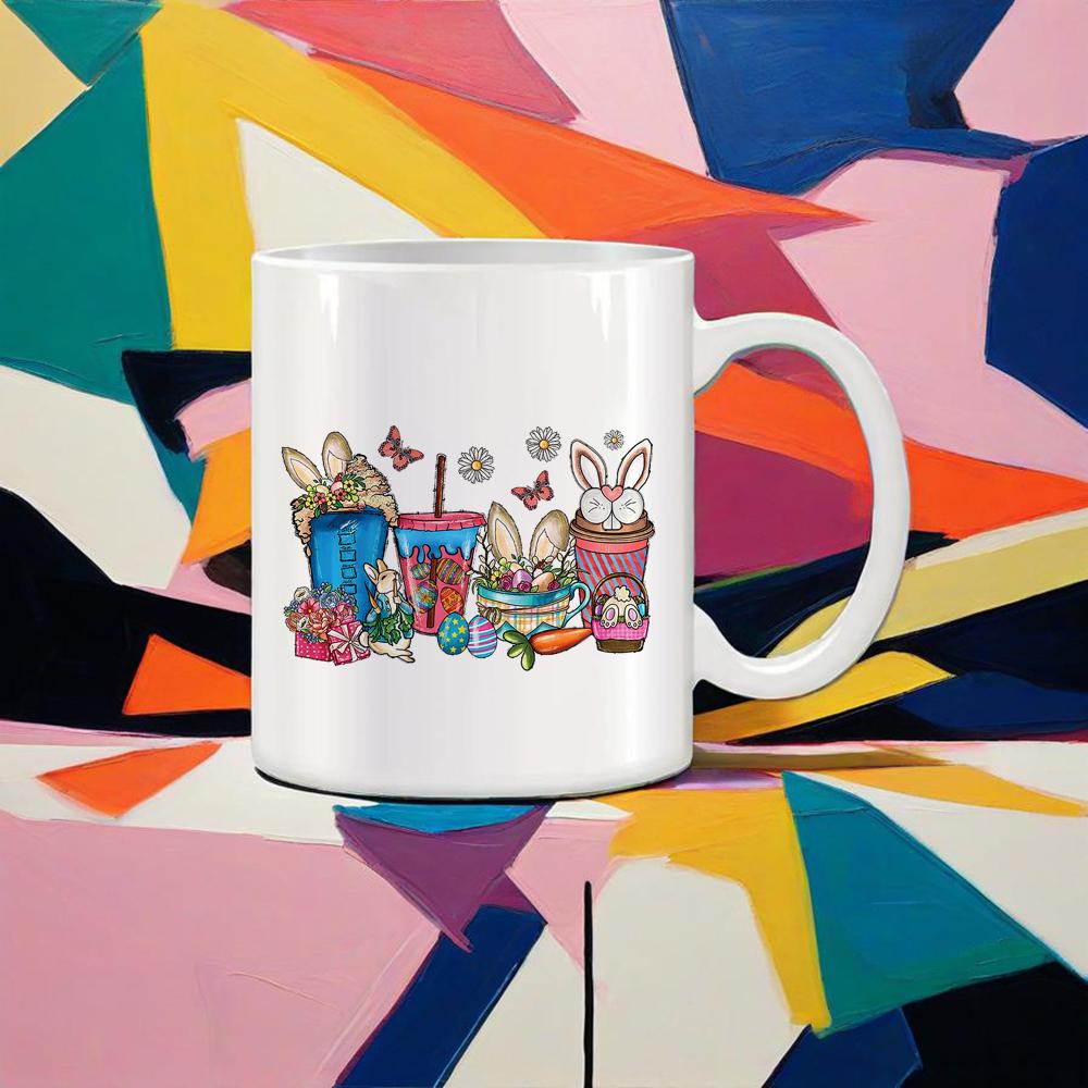 Easter Symbol Mug Hand-painted Egg Water Mug Colorful Rabbit Coffee Cups Shake Cotton Tail Cute Gift School Office Ceramic Mugs