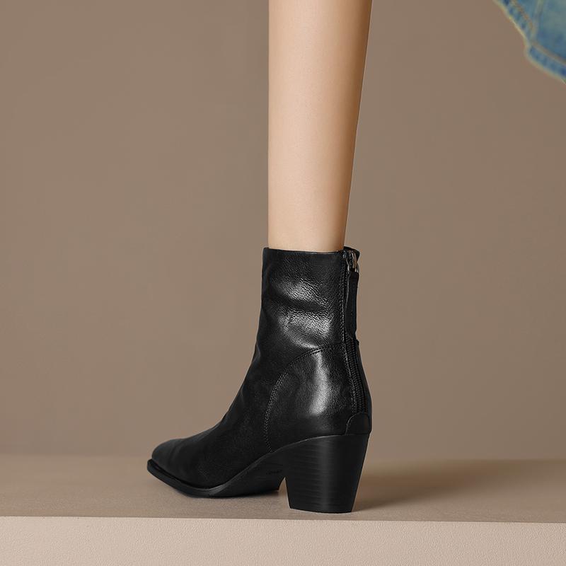 Fashion 2025 Autumn/Winter Women Boots Genuine Leather Women Shoes Square Toe Chunky Heel Shoes Zip Ankle Boots Lace-up Modern Boots